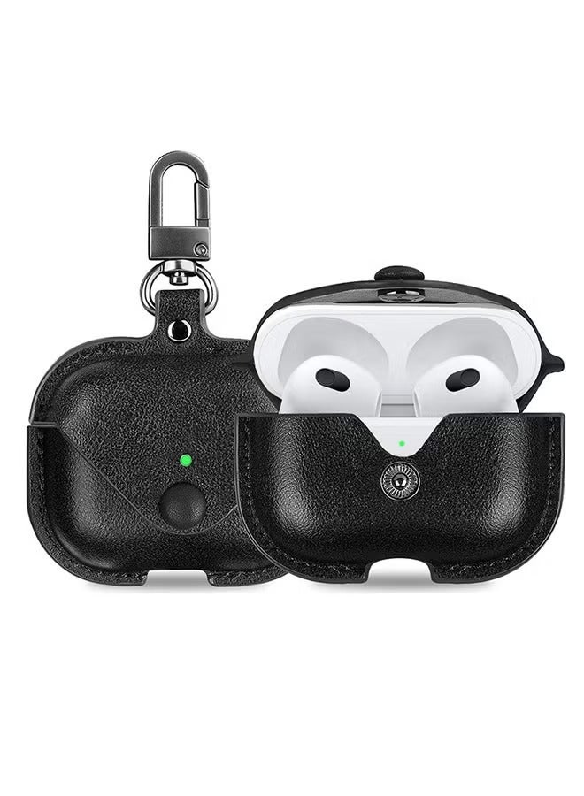 Leather Case for AirPods 3rd Generation with Keychain | Protective Cover, Shockproof, Scratch Resistant, Charging Indicator Visible – Black
